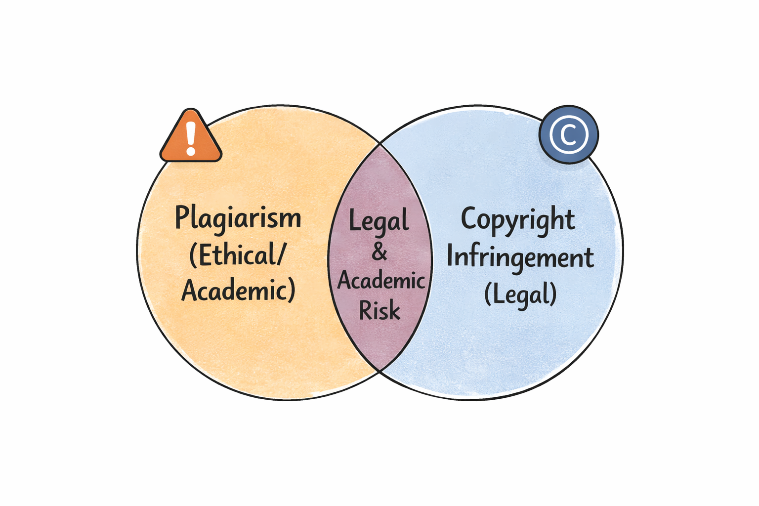 Venn diagram showing overlap between Plagiarism Ethical Academic and Copyright Infringement Legal with Legal Academic Risk intersection